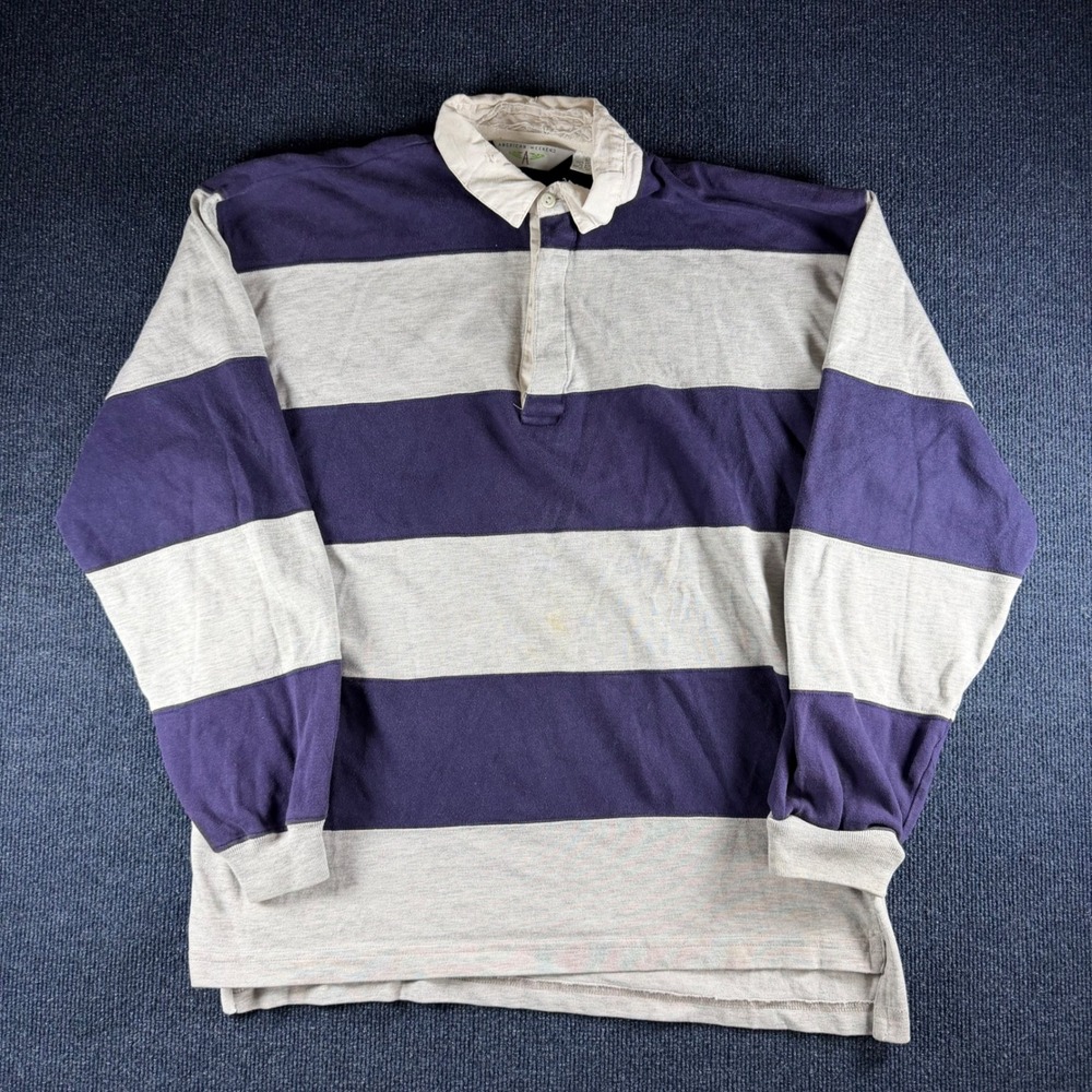 American Weekend Rugby Shirt Mens L 22.5 Pit Purple Gray Striped Vintage